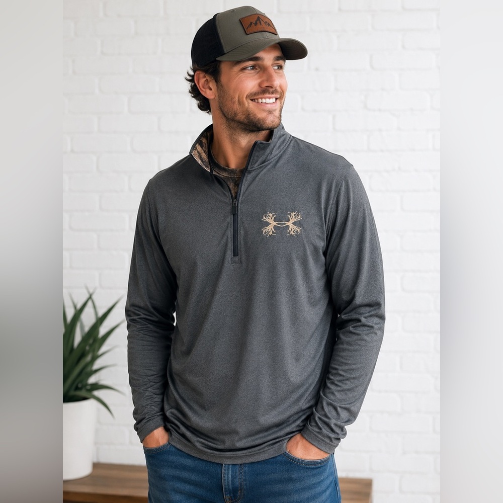 Under Armour HeatGear 1/4 Zip Pullover XL Gray Camo Hunting Loose Fit